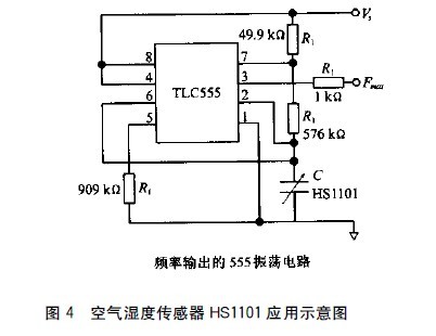 圖4 空氣濕度傳感器HS1101應(yīng)用示意圖